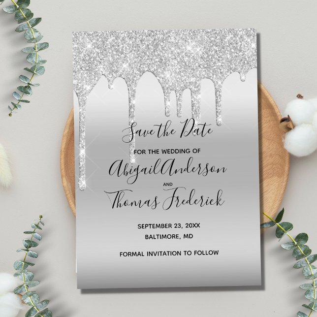 Silver Glitter Drip Glam Trendy Save The Date (Creator Uploaded)