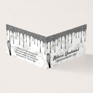Silver Glitter Drip Marble Chef Whisk Business Card