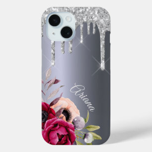 Silver glitter drip metallic burgundy flowers name iPhone 15 case