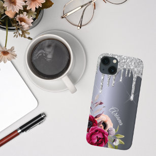 Silver glitter drip metallic burgundy flowers name iPhone 13 case
