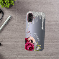 Silver glitter drip metallic burgundy flowers name