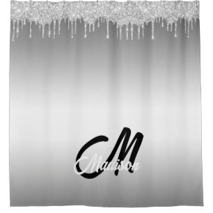 Silver Glitter Drip Monogram Sparkle Cute Girly Shower Curtain