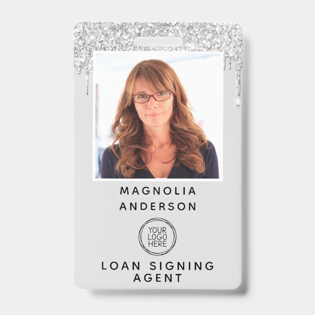 Silver Glitter Drip Photo Logo Barcode  ID Badge (Front)
