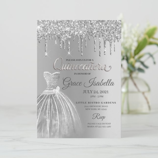 Silver Glitter Drip Quinceanera Birthday Invitation (Standing Front)