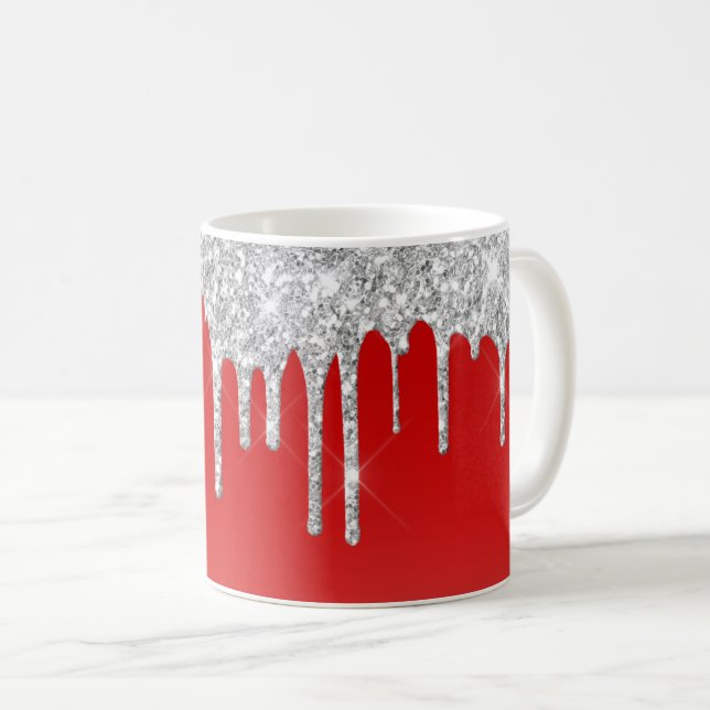Silver Glitter Drip Red Background Coffee Mug (Front Right)