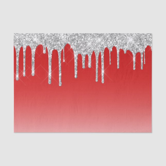 Silver Glitter Drip Red Background Tissue Paper (Front)