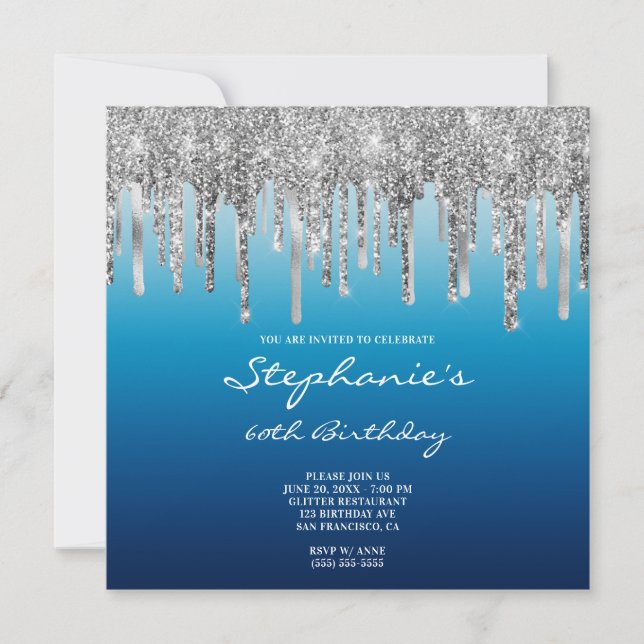 Silver Glitter Drip Sky Ocean Blue Ombre Birthday Invitation (Front)