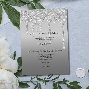 Silver Glitter Drip Trendy Elegant Modern Wedding  Invitation