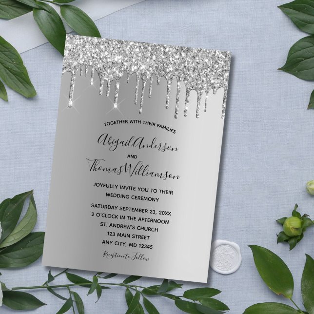 Silver Glitter Drip Trendy Elegant Modern Wedding  Invitation (Elegant Silver Dripping Glitter Wedding invitation)