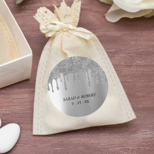 Silver Glitter Drip Wedding Classic Round Sticker