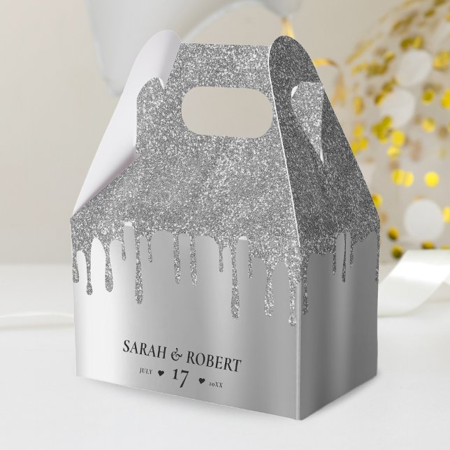 Silver Glitter Drip Wedding Favour Box (Silver Glitter Drip Wedding Favor Box)