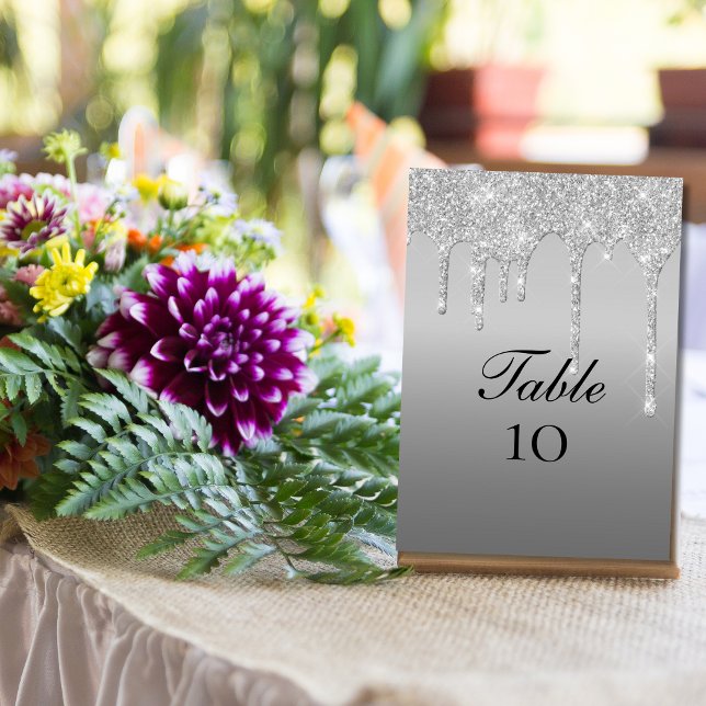 Silver Glitter Drip Wedding Table Number Cards (Silver Dripping Glitter Elegant Wedding Table number Cards)