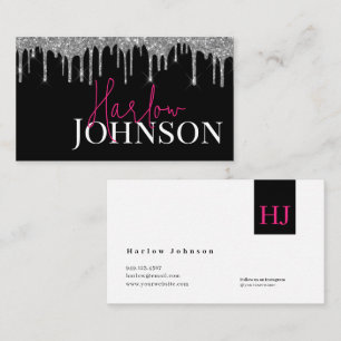 Silver Glitter Dripped Signature Hot Pink Business Card