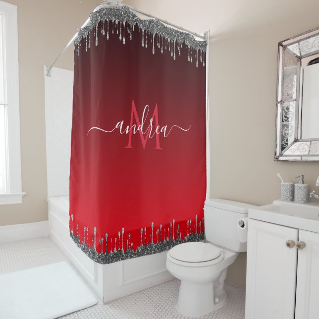 Silver Glitter Dripping Glam Red Monogram & Name Shower Curtain (In Situ)