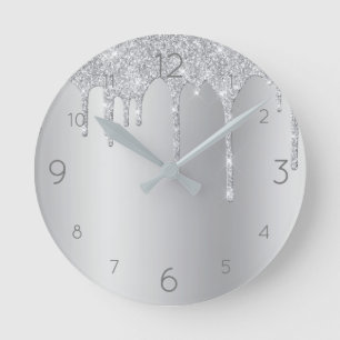 Silver Glitter Dripping over Shiny Metallic Round Clock