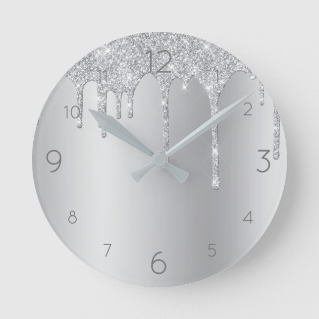Silver Glitter Dripping over Shiny Metallic Round Clock (Front)
