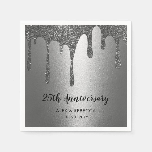 Silver Glitter Drips 25th Wedding Anniversary  Napkin (Front)