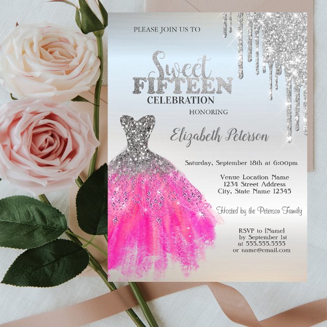 Silver Glitter Drips,Adorable Dress Quinceanera Invitation (Creator Uploaded)