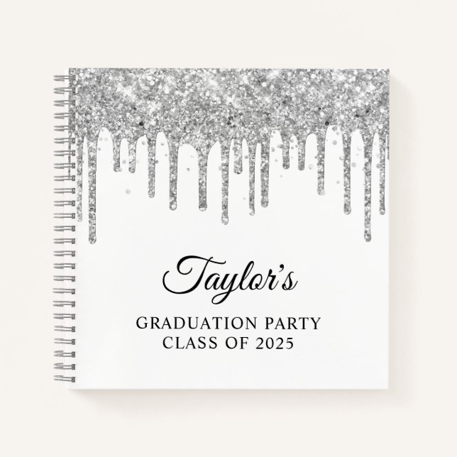 Silver Glitter Drips and White Graduation Guest Notebook (Front)