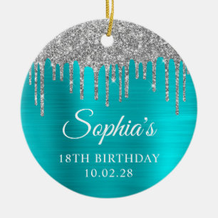 Silver Glitter Drips Aqua Blue 18th Birthday Photo Ceramic Ornament