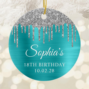 Silver Glitter Drips Aqua Blue 18th Birthday Photo Ceramic Ornament