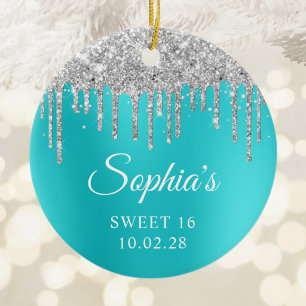 Silver Glitter Drips Aqua Blue Glam Sweet 16 Photo Ceramic Ornament