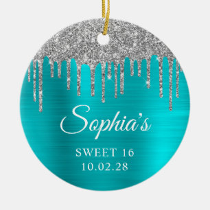 Silver Glitter Drips Aqua Blue Sweet 16 Photo Ceramic Ornament