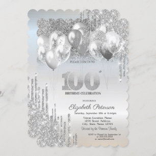 Silver Glitter Drips Balloons 100th Birthday Invitation