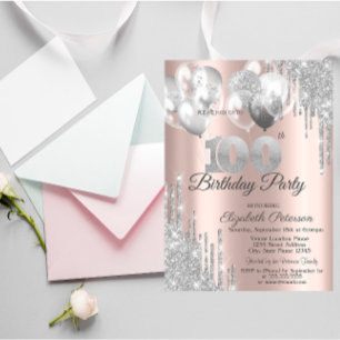 Silver Glitter Drips Balloons 100th Birthday Party Invitation