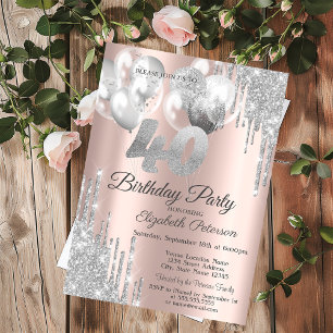 Silver Glitter Drips Balloons 40th Birthday  Invitation