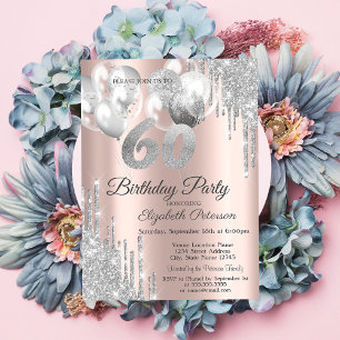 Silver Glitter Drips Balloons 60th Birthday Invitation