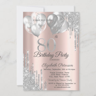 Silver Glitter Drips Balloons 80th Birthday Invitation