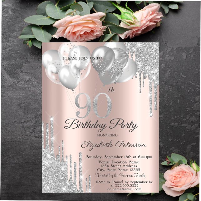 Silver Glitter Drips Balloons 90th Birthday  Invitation (Creator Uploaded)