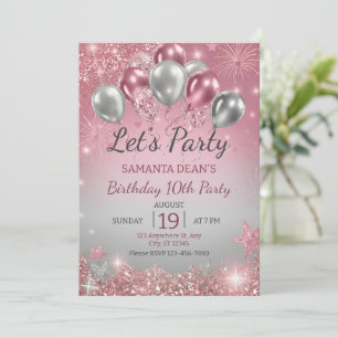 Silver Glitter Drips Balloons Birthday  Invitation
