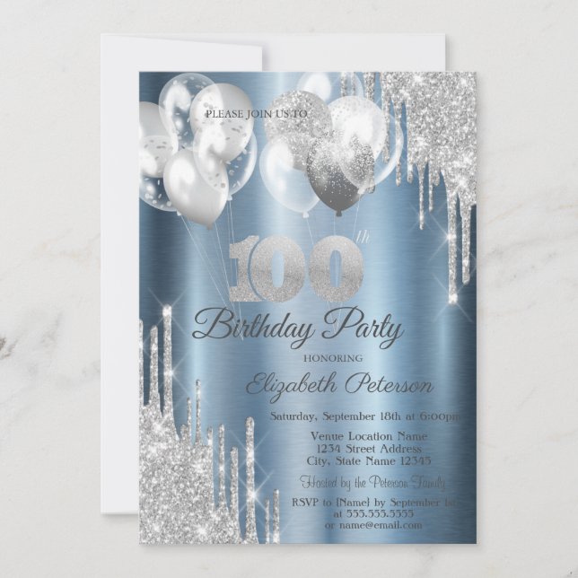 Silver Glitter Drips Balloons Blue Metallic 100th  Invitation (Front)