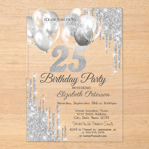 Silver Glitter Drips Balloons Blue Metallic 25th  Acrylic Invitations