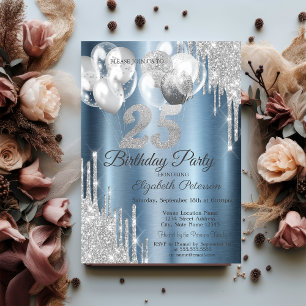 Silver Glitter Drips Balloons Blue Metallic 25th  Invitation