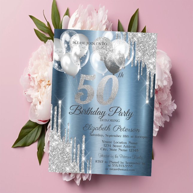 Silver Glitter Drips Balloons Blue Metallic 50th  Invitation (Creator Uploaded)