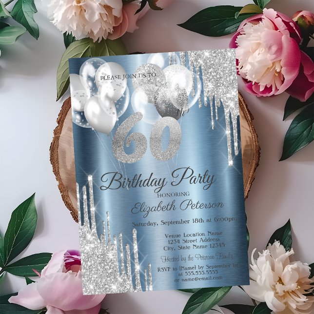 Silver Glitter Drips Balloons Blue Metallic 60th  Invitation (Creator Uploaded)
