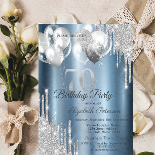 Silver Glitter Drips Balloons Blue Metallic 70th Invitation