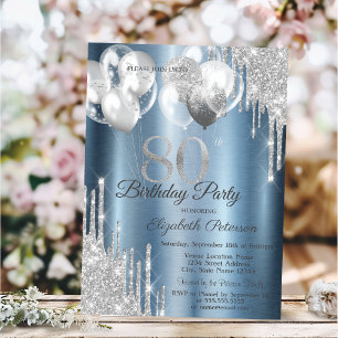Silver Glitter Drips Balloons Blue Metallic 80th Invitation