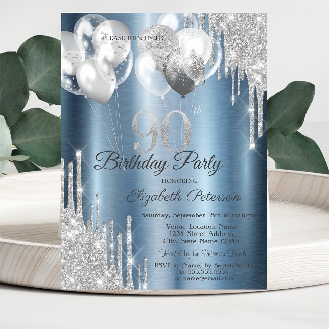 Silver Glitter Drips Balloons Blue Metallic 90th  Invitation (Creator Uploaded)