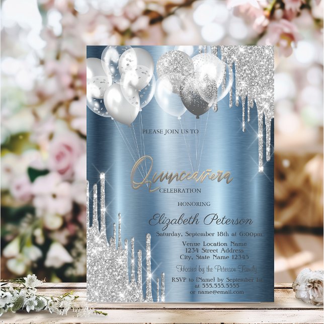 Silver Glitter Drips Balloons Blue Quinceanera Invitation (Creator Uploaded)