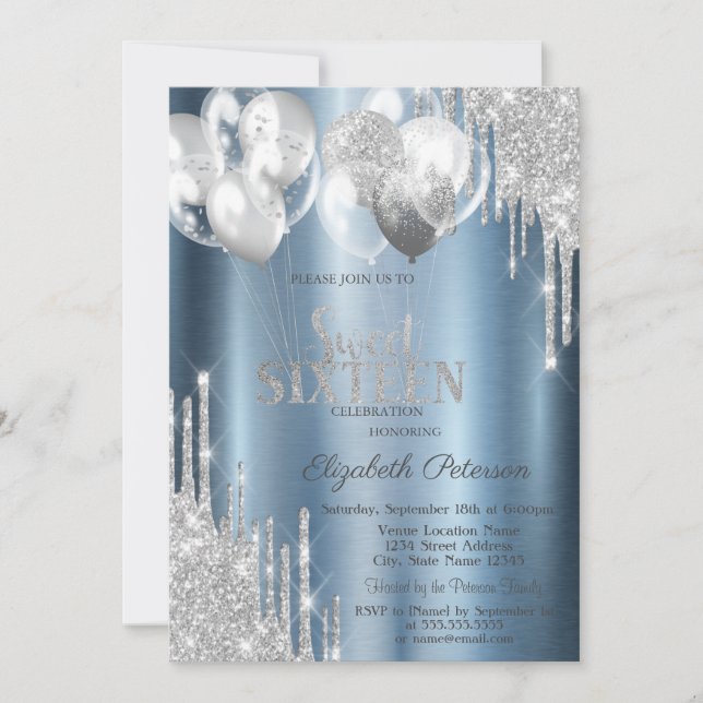 Silver Glitter Drips Balloons Blue Sweet 16 Invitation (Front)