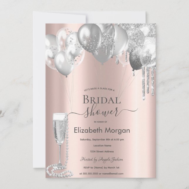 Silver Glitter Drips Balloons Prosecco Pearls Invitation (Front)