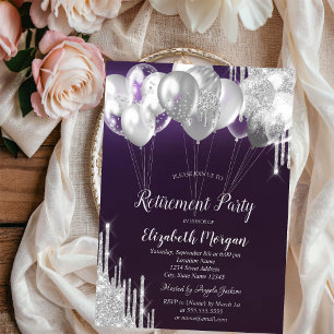 Silver Glitter Drips Balloons Purple Retirement  Invitation