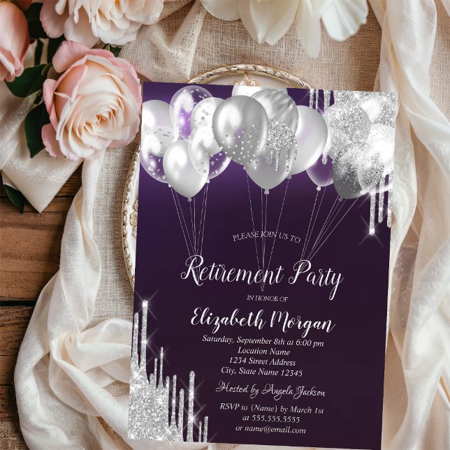 Silver Glitter Drips Balloons Purple Retirement  Invitation (Creator Uploaded)