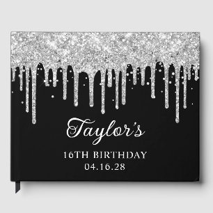Silver Glitter Drips Black 16th Birthday Guest Book