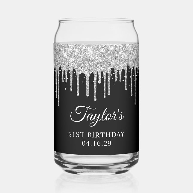 Silver Glitter Drips Black 21st Birthday Can Glass (Front)