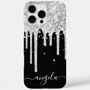 Silver Glitter Drips Black Glam Signature iPhone 16 Pro Max Case